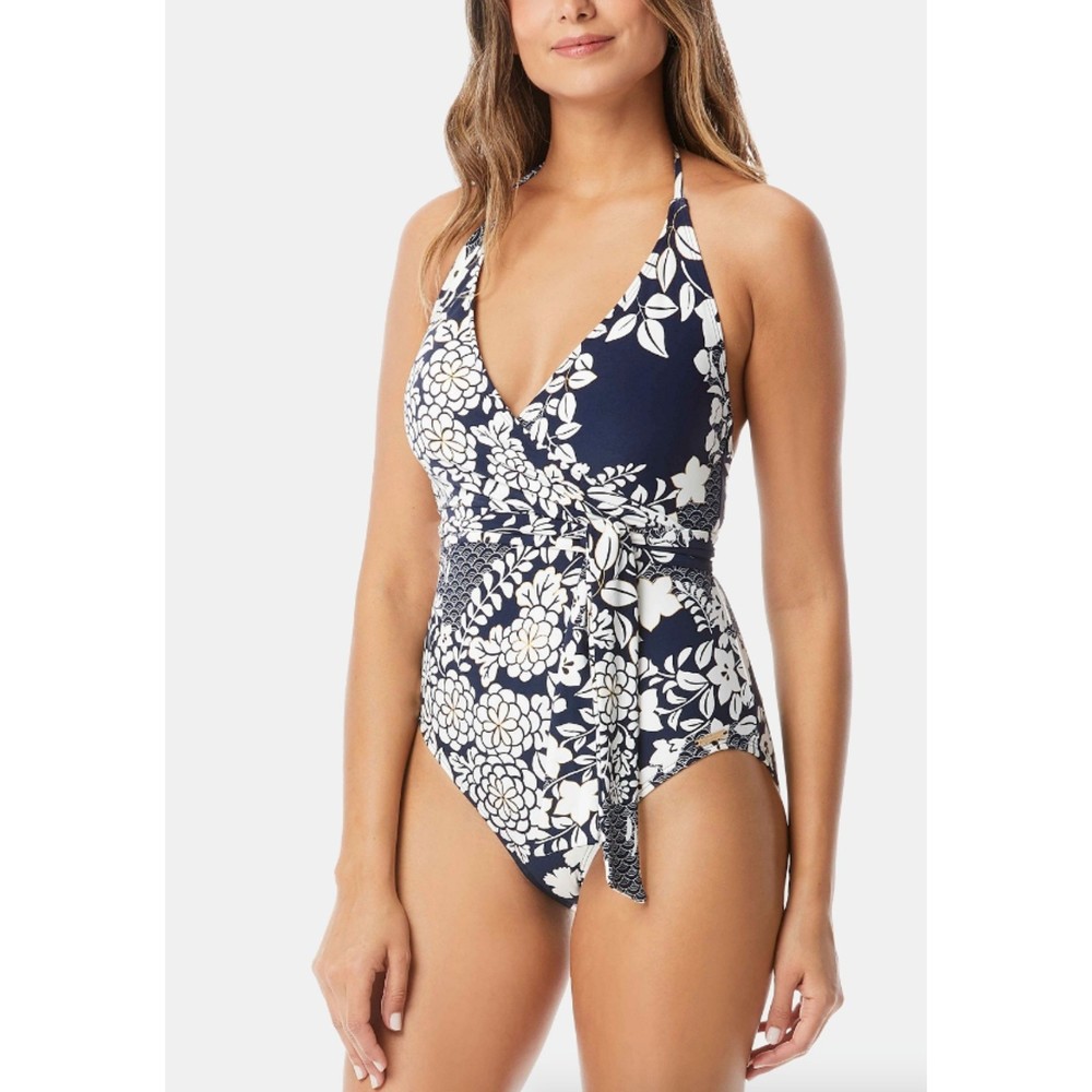 Vince Camuto Blue Deep Sea Floral Wrap One Piece Swimsuit Size 4